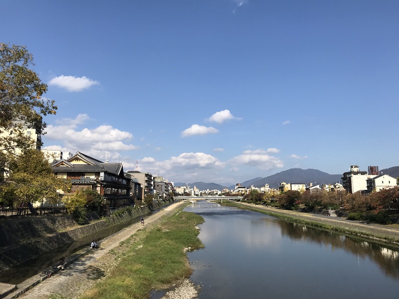 京都の街を流れる鴨川の風景の無料写真
